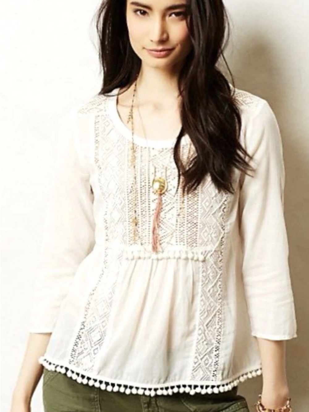 Anthropologie Maeve Beaded Pompom Top Size 4
